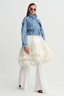 Indigo High Collar Gathered Denim Jacket - Y265015027