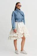 Indigo High Collar Gathered Denim Jacket - Y265015027