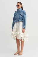 جاكيت جينز أزرق داكن بياقة عالية وتصميم مكشكش - Y265015027