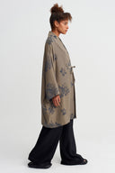Brown/Grey Desenli Kuşaklı Kimono Ceket-Y265015036