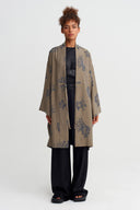 Brown/Grey Desenli Kuşaklı Kimono Ceket-Y265015036