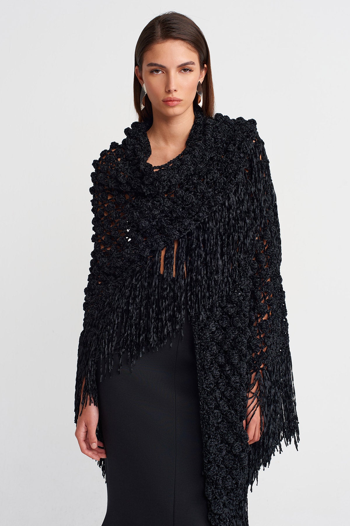Siyah Dokulu Örgü Şal-Y266016005