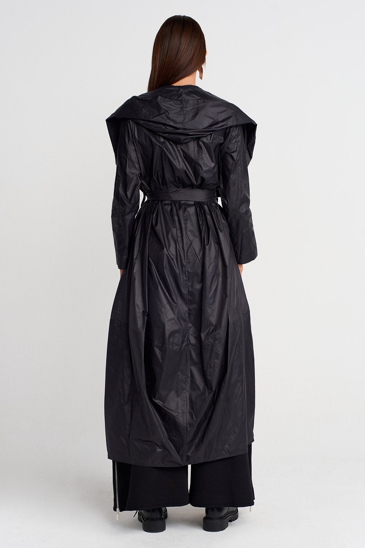 Black Hooded Draped Trench Coat - Y267017006