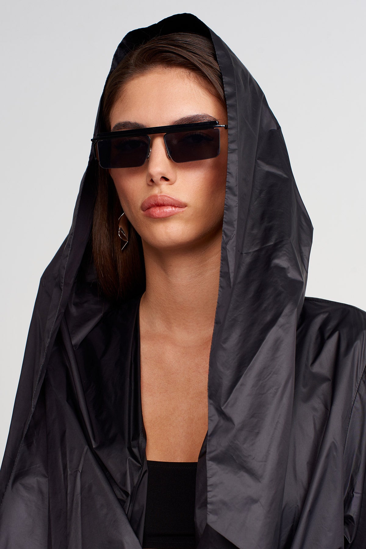 Black Hooded Draped Trench Coat - Y267017006