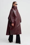 Burgundy Stand-Up Collar Oversize Shiny Coat - Y267017007