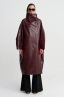Burgundy Stand-Up Collar Oversize Shiny Coat - Y267017007