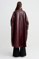 Burgundy Stand-Up Collar Oversize Shiny Coat - Y267017007