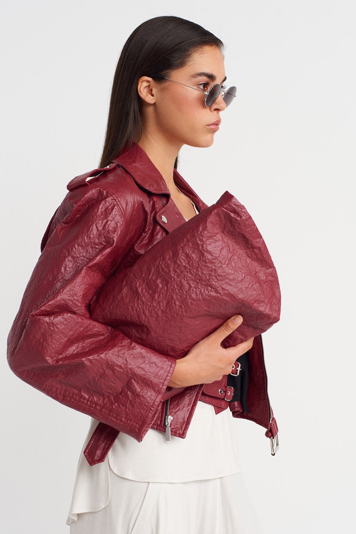 Mürdüm Kırışık Dokulu Suni Deri Katlanabilir Clutch-Y268018003