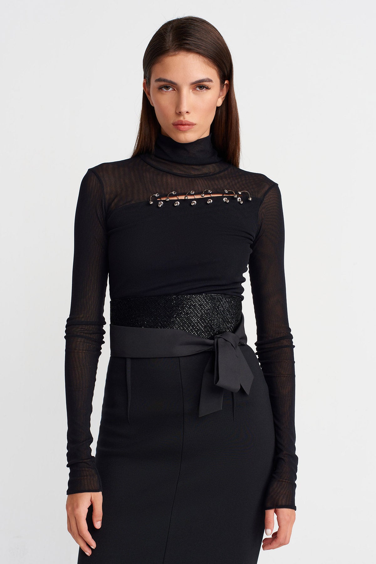 Siyah Taş Dokulu Bağlama Kemer-Y268018005