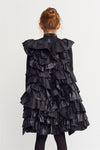 Siyah Scuba ve Naylon Birleşimli, Kolsuz Fırfırlı Elbise-K214024003